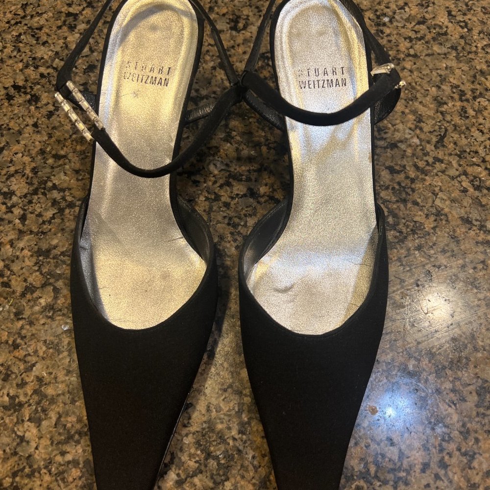 Stuart Weitzman leather sole black heels with jeweled accent